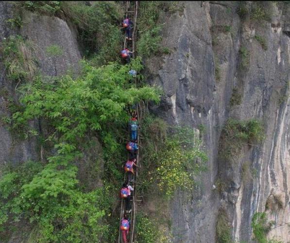 中国悬崖村的旧天梯视频